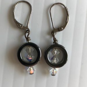 Vintage Handmade Hematite Circle Swarovski Crystal Sterling Silver Earrings